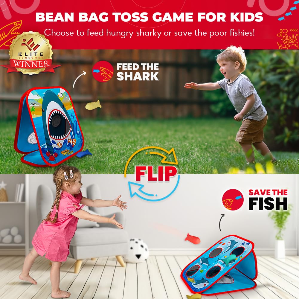 SWOOC Games – Shark Frenzy™ | 2-in-1 Bean Bag Toss Game for Kids | 5-Second Setup | Toddler Party Games For Kids 3-5 | Toddler Outdoor Games for Kids 3-6 | Shark Toys For Boys | Kids Cornhole Game Set
