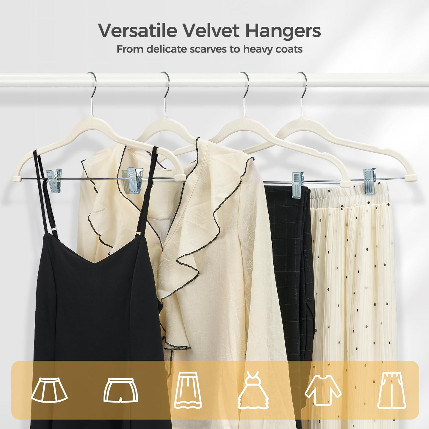 HOUSE DAY Velvet Hangers with Adjustable Clips 30 Pack, Non-Slip Suit Organizer with 360° Hook - Heavy Duty Hanger for Pants, Skirts, Blouses, Dresses - Outfit Hangers All-Season Space Saver (Ivory)