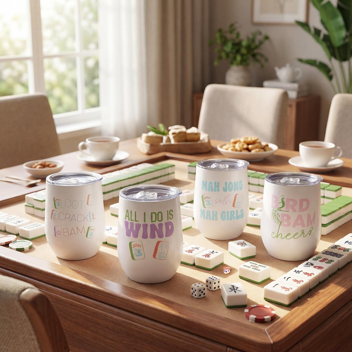 Patelai 4 Pcs Mahjong Tiles Accessories Tumbler, Mah Jong Gifts Stainless Steel Tumbler with Lid and Straw 12oz, Gifts for Mah Jong Players Lovers Travel Coffee Cup(12 oz,Cute Mahjong)