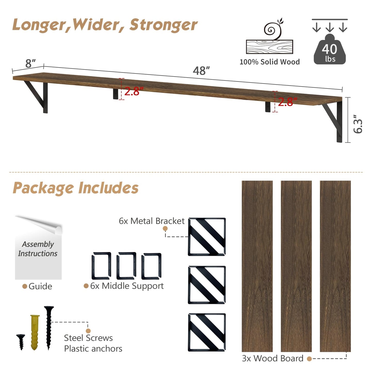 Forbena 48 Inch Floating Shelves for Wall Long Set of 3, Large Wooden Wall Bookshelf for Bedroom Books, Rustic Wood Hanging Bookshelves for Living Room Laundry Closet Kitchen Storage (Dark Brown)