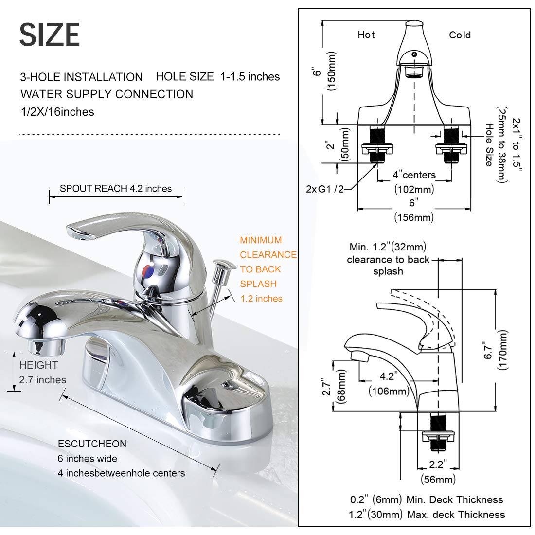 WOWOW Bathroom Faucet 1 Handle Low Arc Single Handle 4 inch Centerset Bathroom Sink Faucet with Lift Rod Drain Assembly Basin Mixer Tap Chrome Vanity Faucet