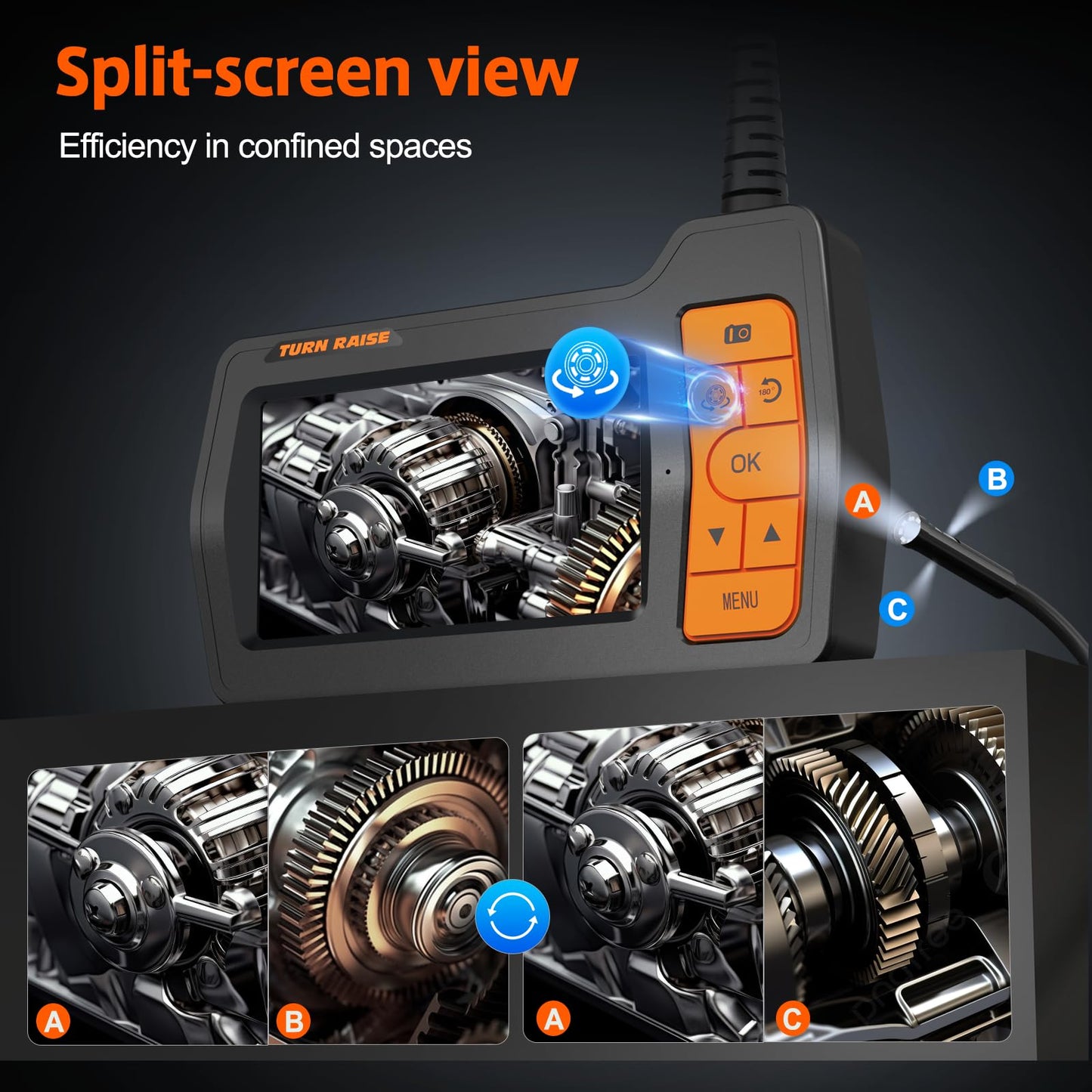 Triple Lens Inspection Drain Camera, 5" IPS Split Screen Borescope with Light & 32GB Card, 1080P HD Sewer Camera 16.5FT Semi-Rigid Cable, IP67 Plumbing Snake Endoscope Probe for HVAC + Case