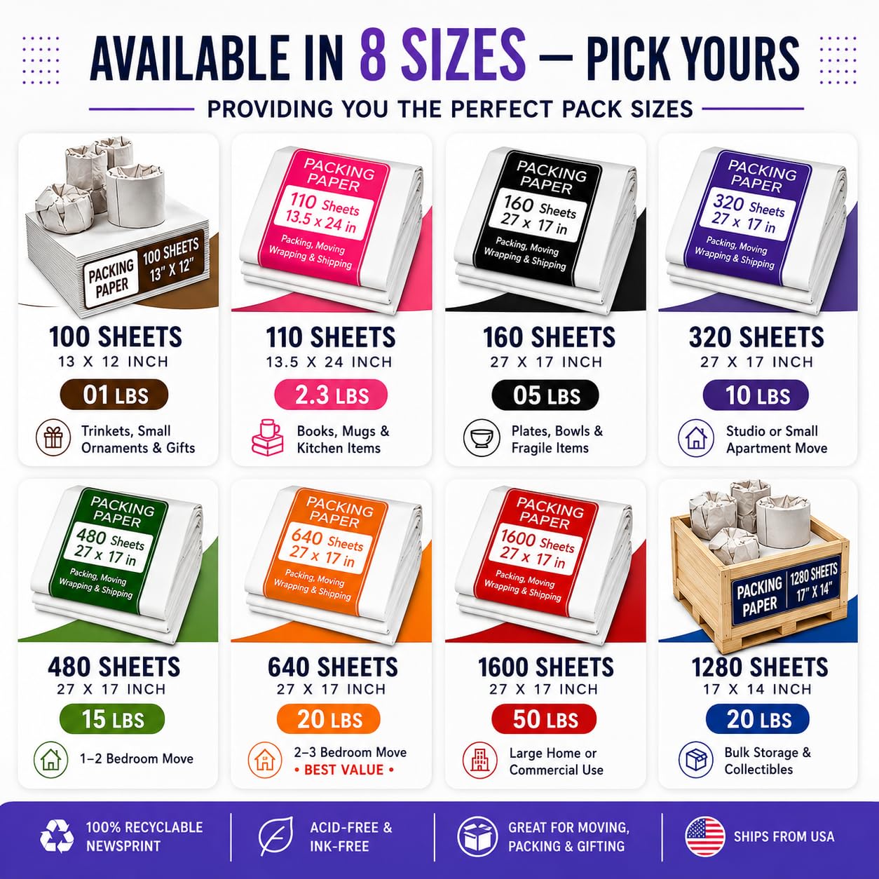 White Bulk Packing Paper Sheets for Moving | 640 sheets | 27" x 17" | 20 lb | Twin Pack | | Newsprint Wrapping Paper Sheets - Must Have in Your Moving Supplies, Packing Materials, Moving Paper Wrap