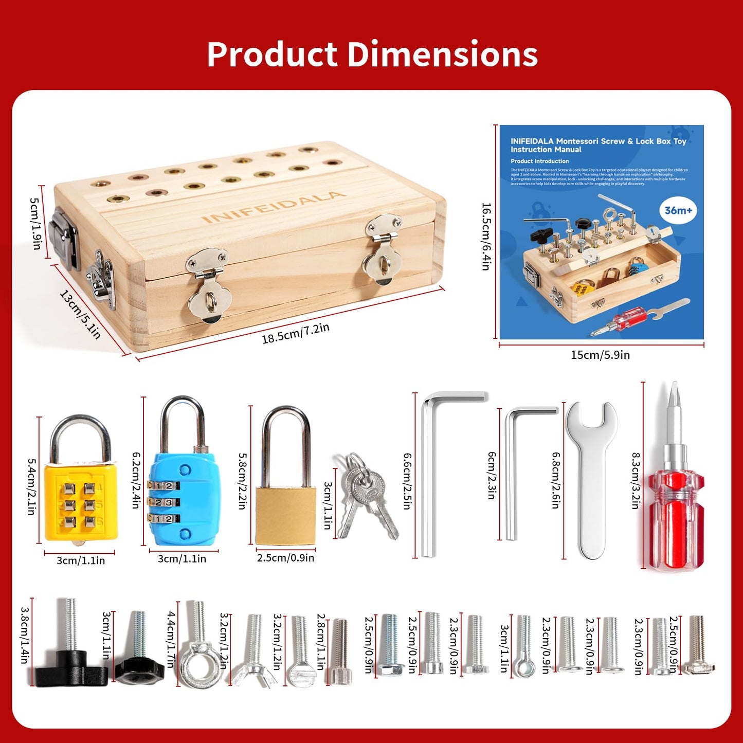 INIFEIDALA Montessori Busy Board Toddler Toys for Ages 3+ - Wooden Sensory Latches Board with Lock & Key & Kid Tool Screwdriver Set, Preschool Educational Toy - Fine Motor Skills - STEM Learning Toys