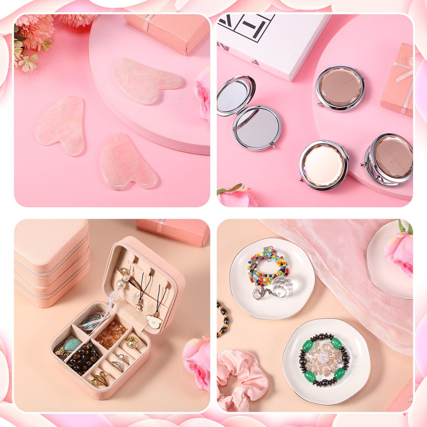 Wavwavw 48 Pcs Bridesmaid Proposal Gifts Scrunchies Square Hair Claws Sunglasses Jewelry Storage Boxes Eye Masks Mini Makeup Mirrors Ceramic Jewelry Trays Gua Sha Facial Tool Bridal Gift for Wedding