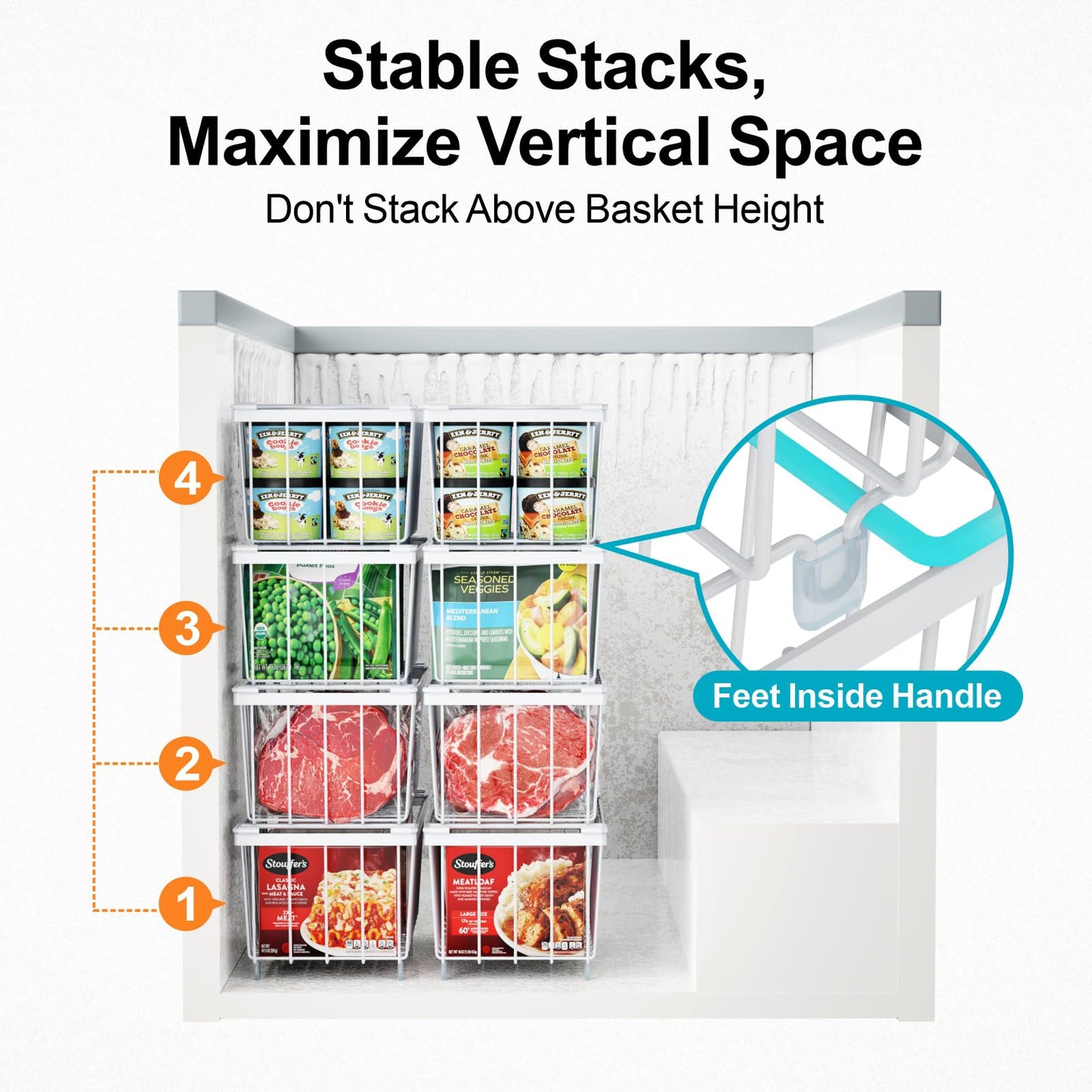 iSPECLE Deep Freezer Organizer Bins - Fits 7 Cu.Ft Chest Freezer, 8 Pack Stackable Wire Baskets(14.7" Length), Heavy Duty Coated Freezer Organizer, Rust Resistant for Frozen Food Sorting, White