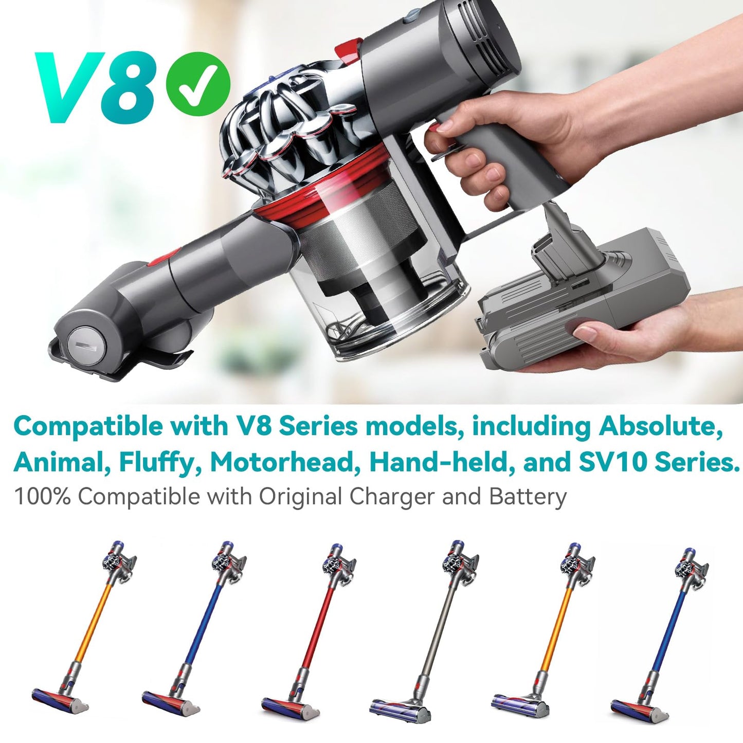 9000mAh Battery Replacement Compatible with Dyson V-8 Battery 21.6V - Compatible with Animal/ Absolute/ Motorhead/ Fluffy/ Trigger/ SV-10 Vacuum Cleaner with 2 Filters + Cleaning Brush + Screwdriver
