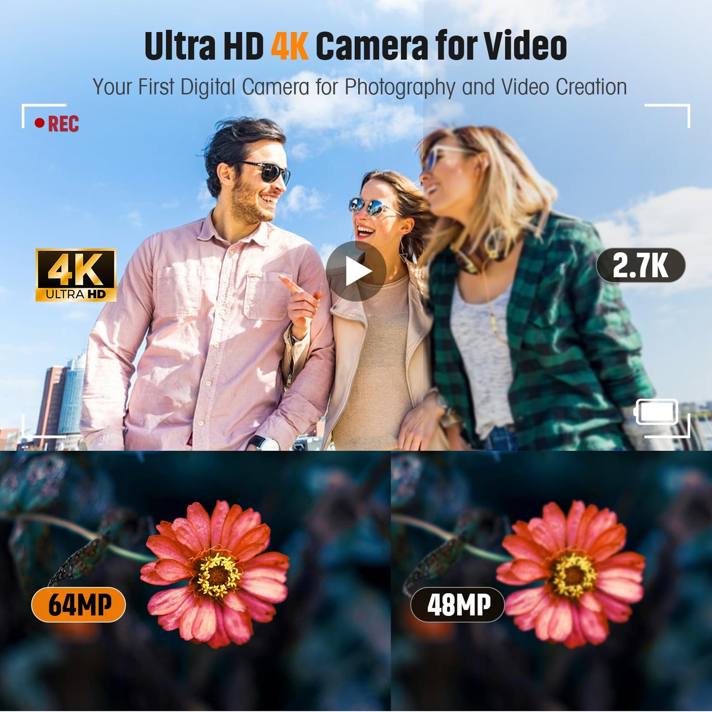 4K Digital Camera for Photography Autofocus 64MP Vlogging Camera for YouTube with Dual Cameras 16X Digital Zoom 4K Compact Travel Video Camera with 32GB SD Card,2 Batteries,Flash, Anti-Shake (Black)