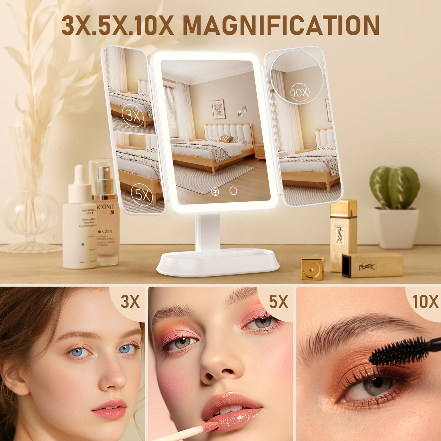 FRANO Makeup Mirror with Lights, Rechargeable Tri-Fold Magnifying Mirror,Touch Screen and 3X/5X/10X Magnification, Travel Mirror