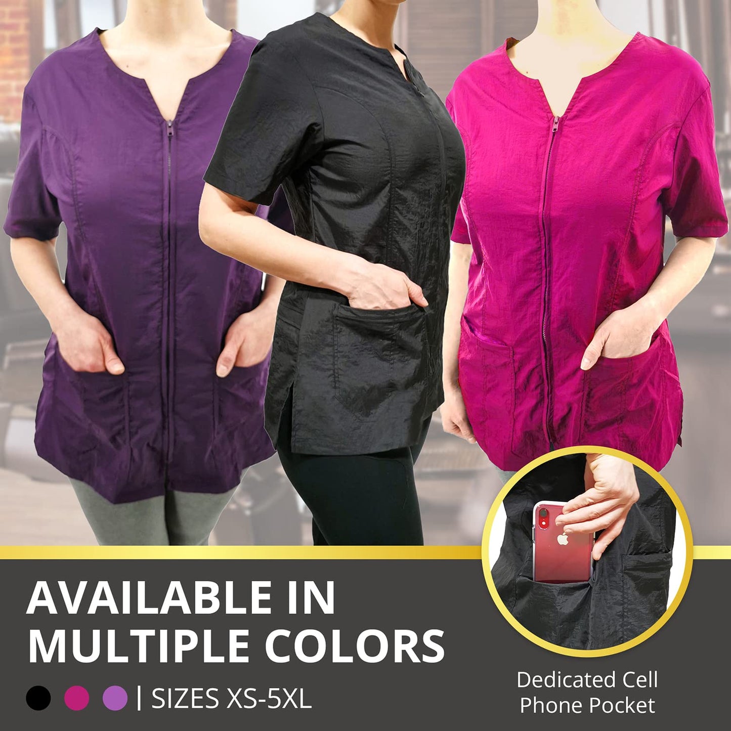 CHARLENE Haley Short Sleeves Jacket | High Fashion Hair Stylist Nylon Uniform | Water-Repellant Breathable Nylon | Machine Wash | Zipper Closure (BLACK, S)