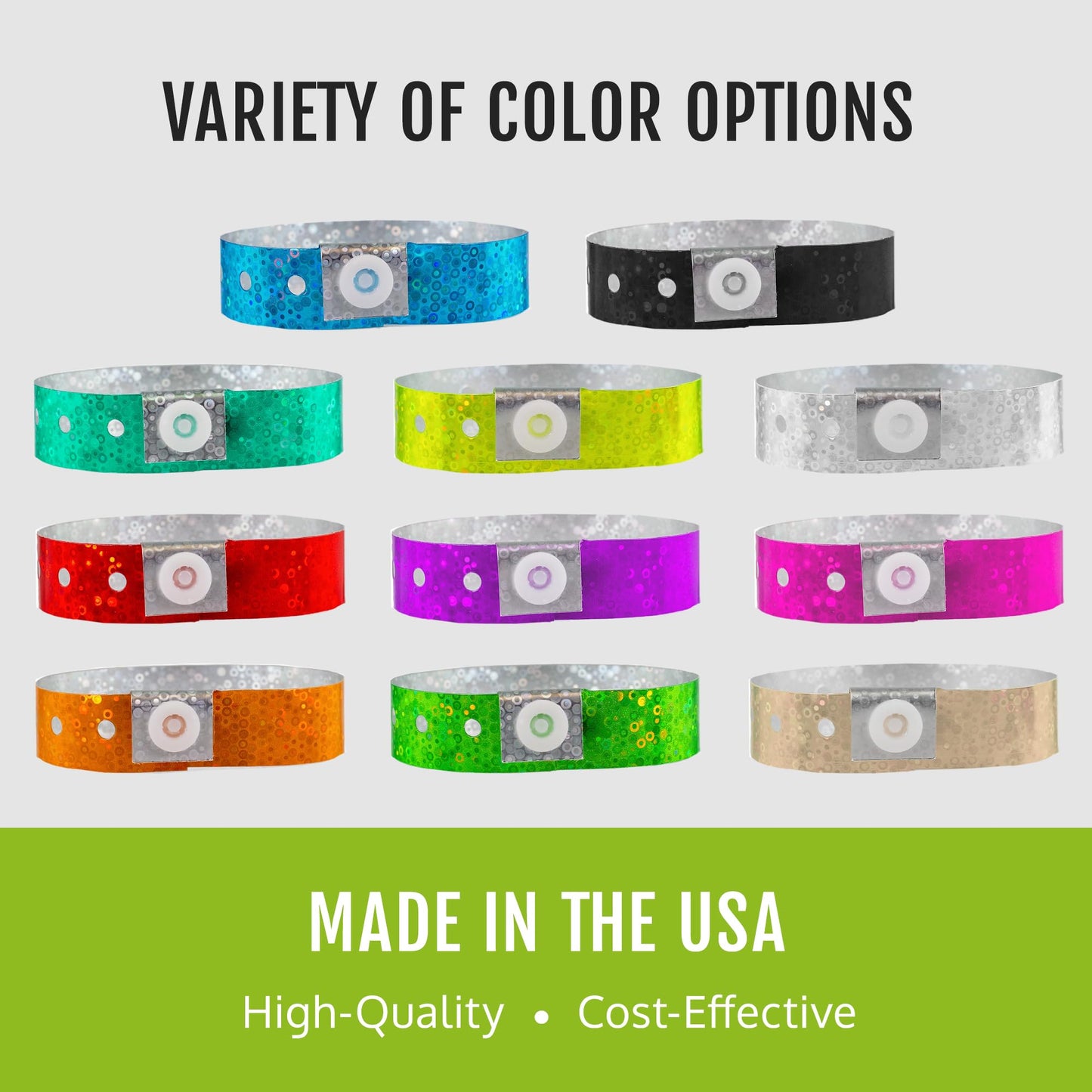 500 WristCo Variety Pack Holographic Plastic Wristbands for Events – Extended Wear, Glowing Color Prevents Reuse – Premium-Grade Bracelets for Hospital & Medical ID, Party & VIP Identification