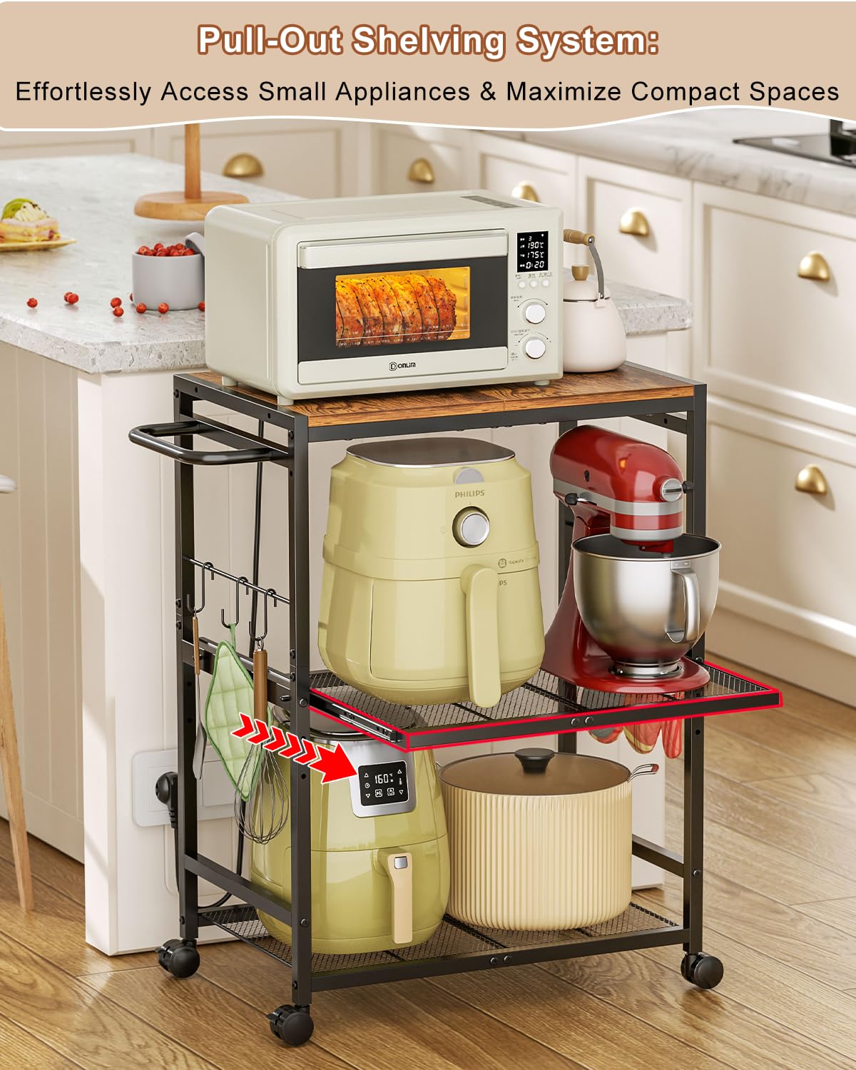 3-Tier Microwave Cart with Adjustable Shelves, Rolling Kitchen Cart with Push Handle & Smooth Slider Shelf, Small Utility Stand with Storage for Small Space Kitchen, Waterproof & Hardwood Floor Safe