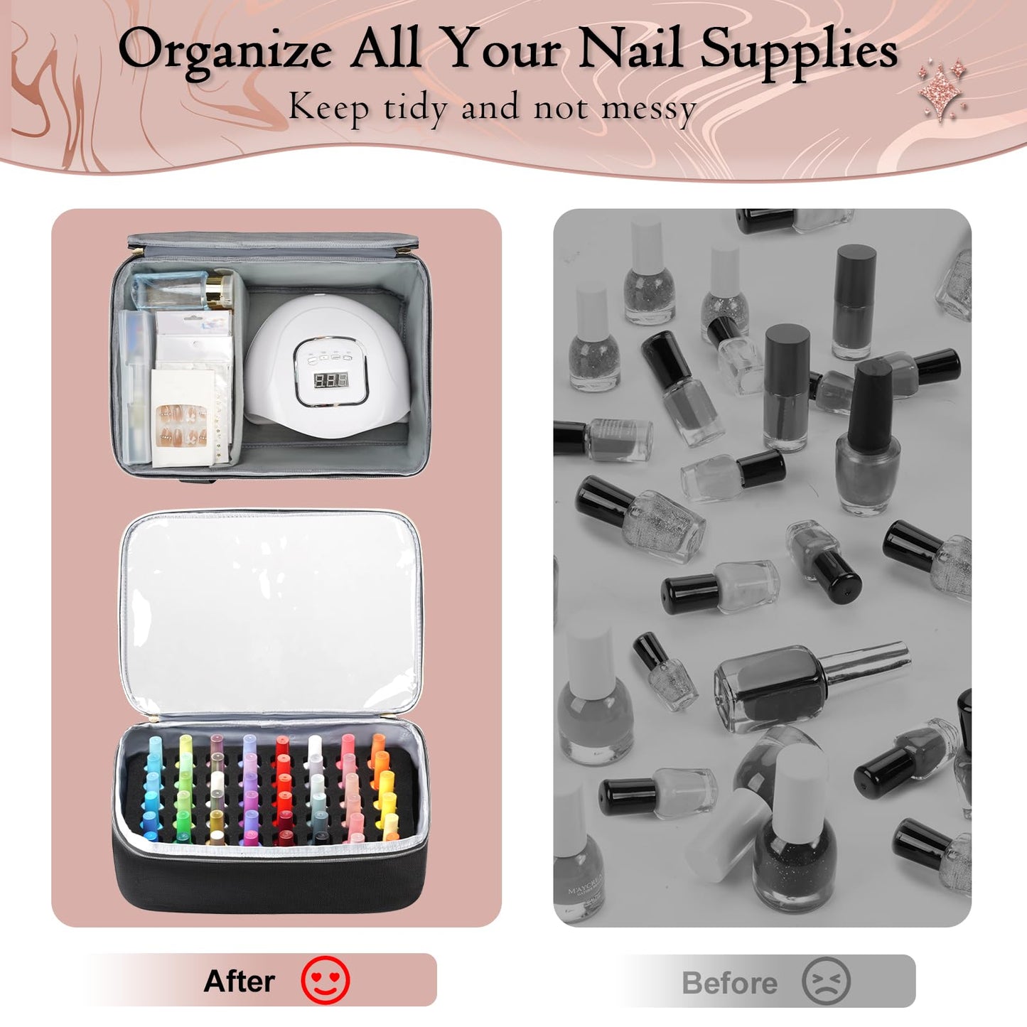 YOREPEK Extra Large Nail Polish Organizer Case Holds 96 to 100+ Bottles (15ml/0.5 fl.oz) UV lamp, Gel Polish Travel Case Bag with 2 Removable Pouches Fits Nail Suppiles, Gift for Manicurist, Grils