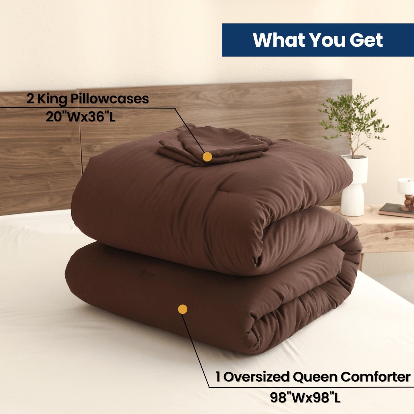 Paxrac Brown Oversized Queen Comforter Set 98x98In, 3 Pieces Comforter Set, Lightweight Solid Bedding Set, All Seasons Soft Fluffy Bed Set (1 Comforter & 2 Pillowcases)