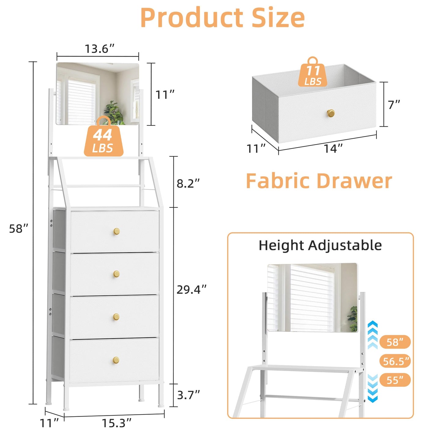 HIGDBFE 4-Drawer Dresser with Mirror, Vanity with 2-Tier Shelves, Fabric Chest of Drawers for Small Space, Vertical Storage Cabinet for Bedroom, Nightstand Bedside Table Furniture, White, 15.3" W