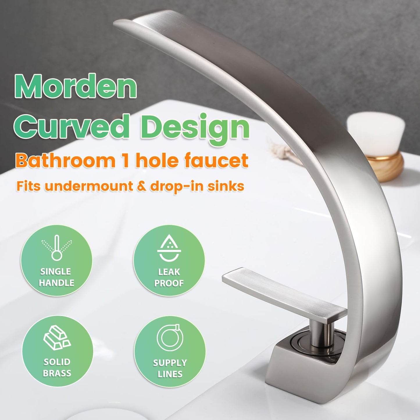 Geobella Bathroom Sink Faucet Modern Single Hole 1-Handle Faucet, Brushed Nickel Solid Brass Faucets, Mount Curved Lavatory Faucets Mixer Tap