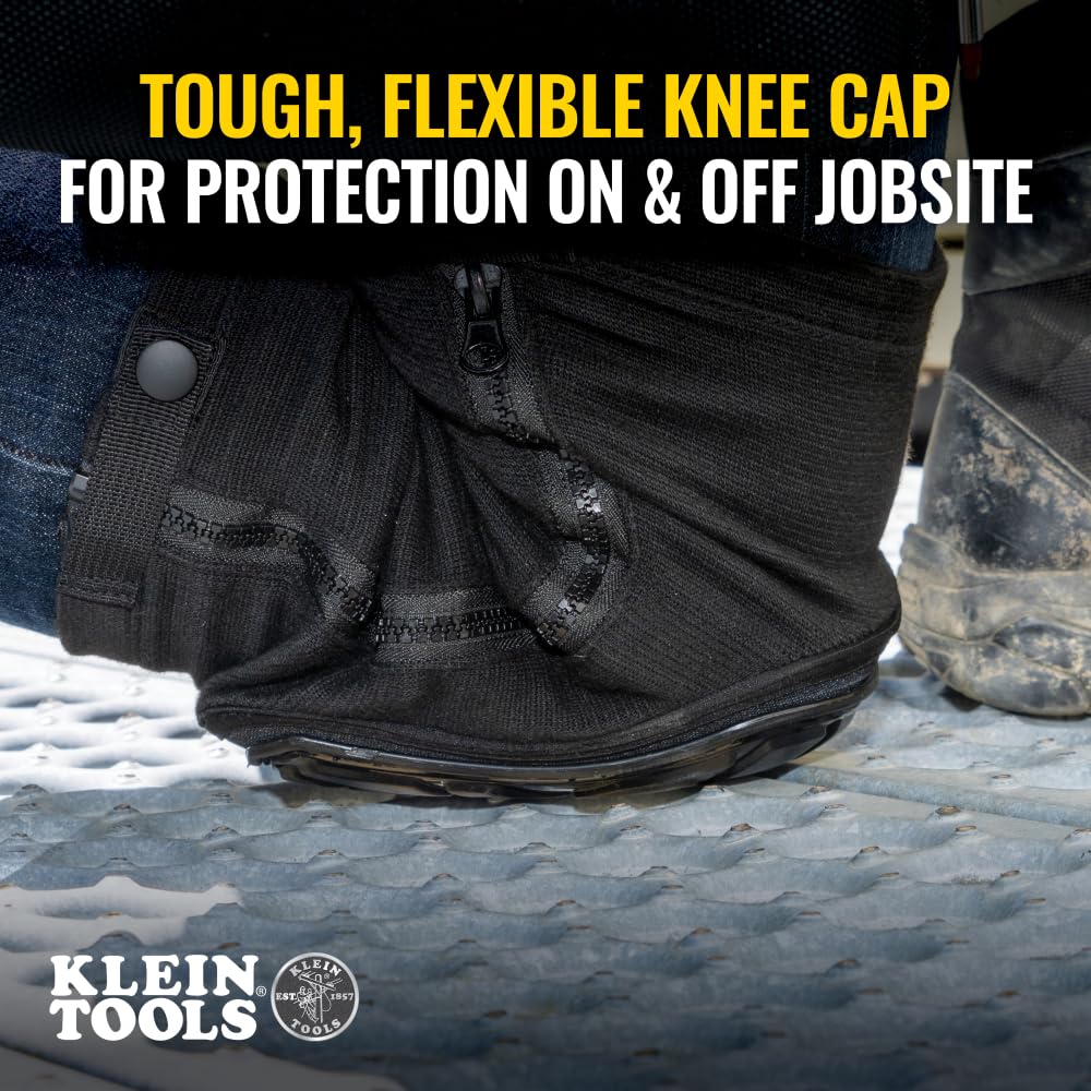 Klein Tools 60629 Tough-Flex Knee Sleeves for Work, Construction, Low-Profile Sleeve with Zipper, Gel-Like Foam, Black, M/L