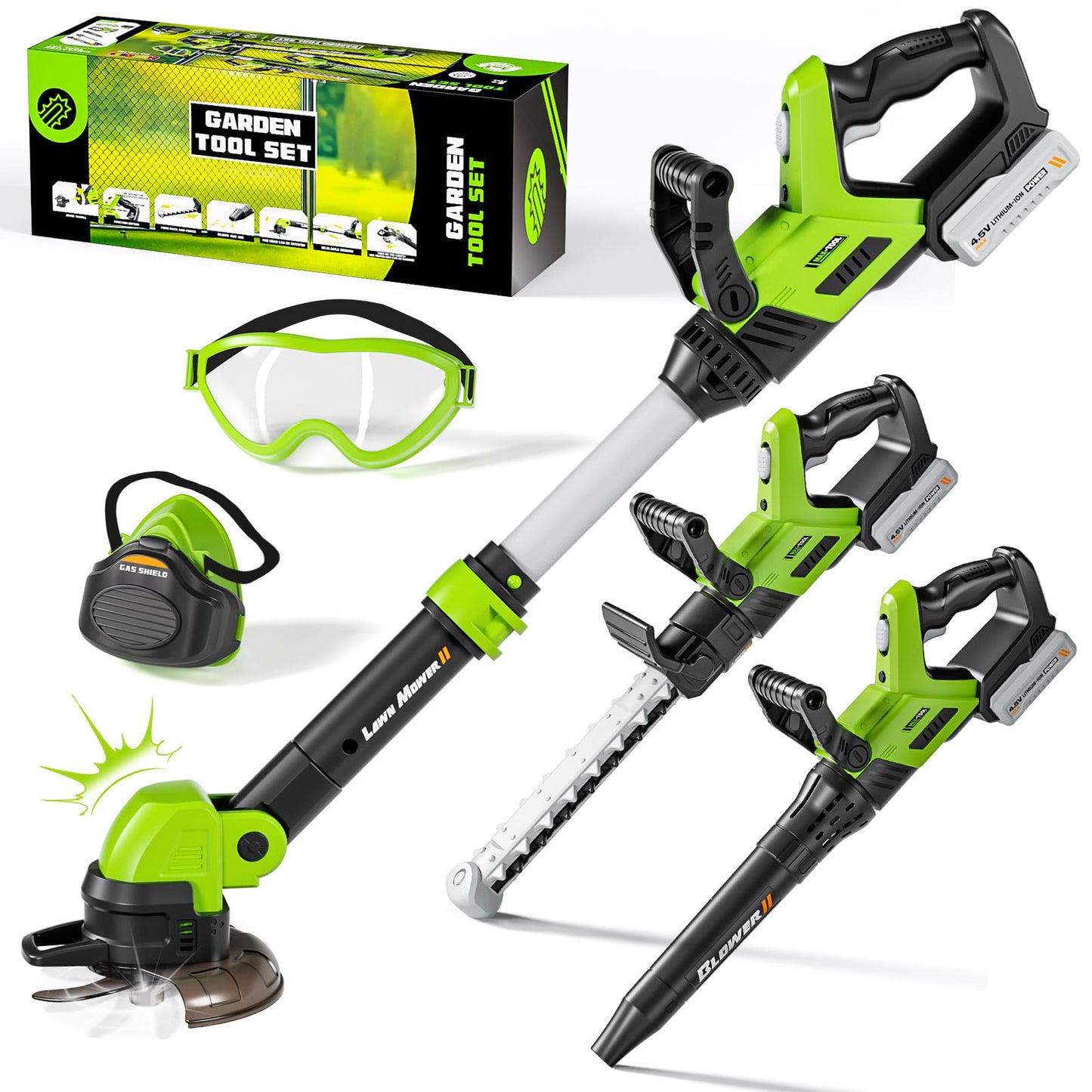 MUZREES Kids Tool Set, 3 in 1 Garden Tools for Toddlers with Sounds and Lights, Volume Control, Toy Grass Trimmer, Leaf Blower and Hedge Trimmer, Toy Garden Tools for Outdoor