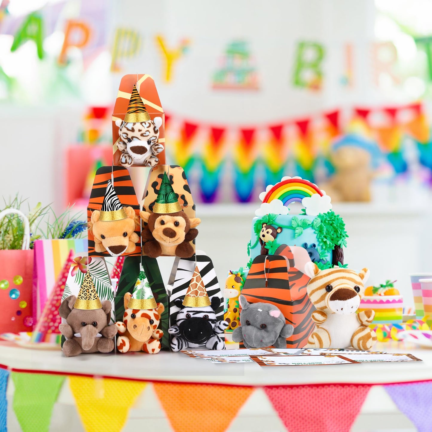 VioraWhite 18 Sets Adopt a Jungle Animal Supplies Include 18 Mini Jungle Stuffed Animal 18 Mini Party Hats 18 Adoption Certificate 18 Kraft Boxes for Safari Themed Birthday Party Gifts
