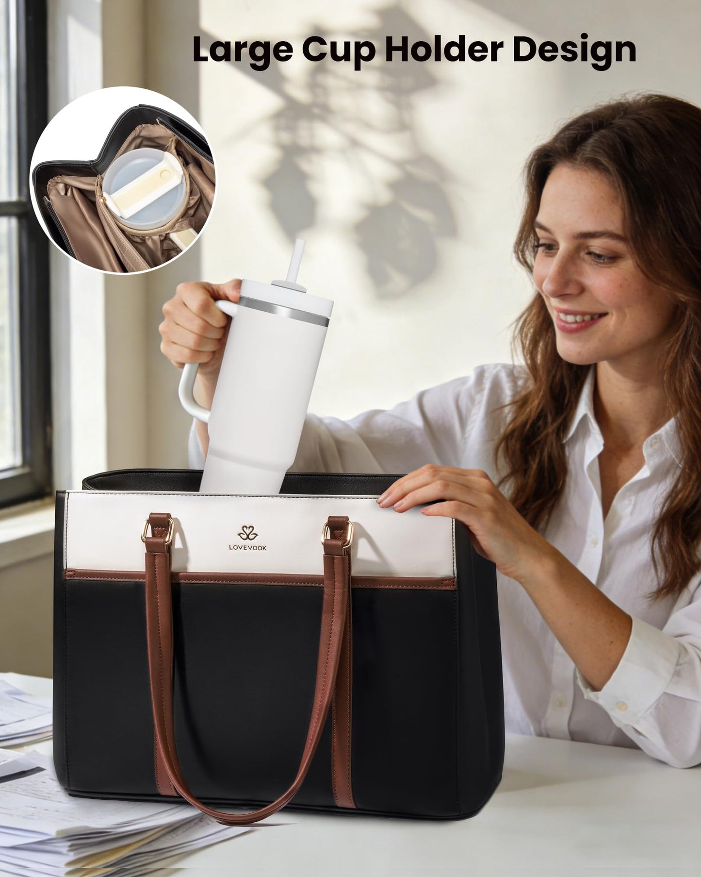 LOVEVOOK Lunch Bag for Women, Leather Work Laptop Tote Bag with Insulated Lunch Compartment&Cup Holder, 15.6 Inch 2 in 1 Lunch Tote for Business, Teacher, Nurse, Office, College, Casual