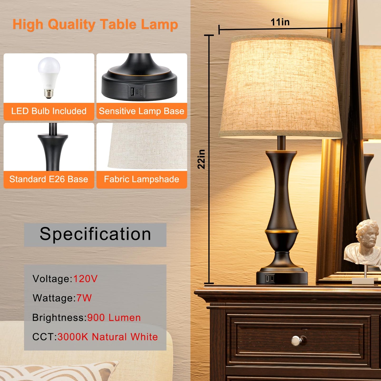 Upgraded Touch Lamps for Night Stands Set of 2 - Bedside Lamps with USB C+A, 3 Way Dimmable for Bedroom Living Room End Tables Office
