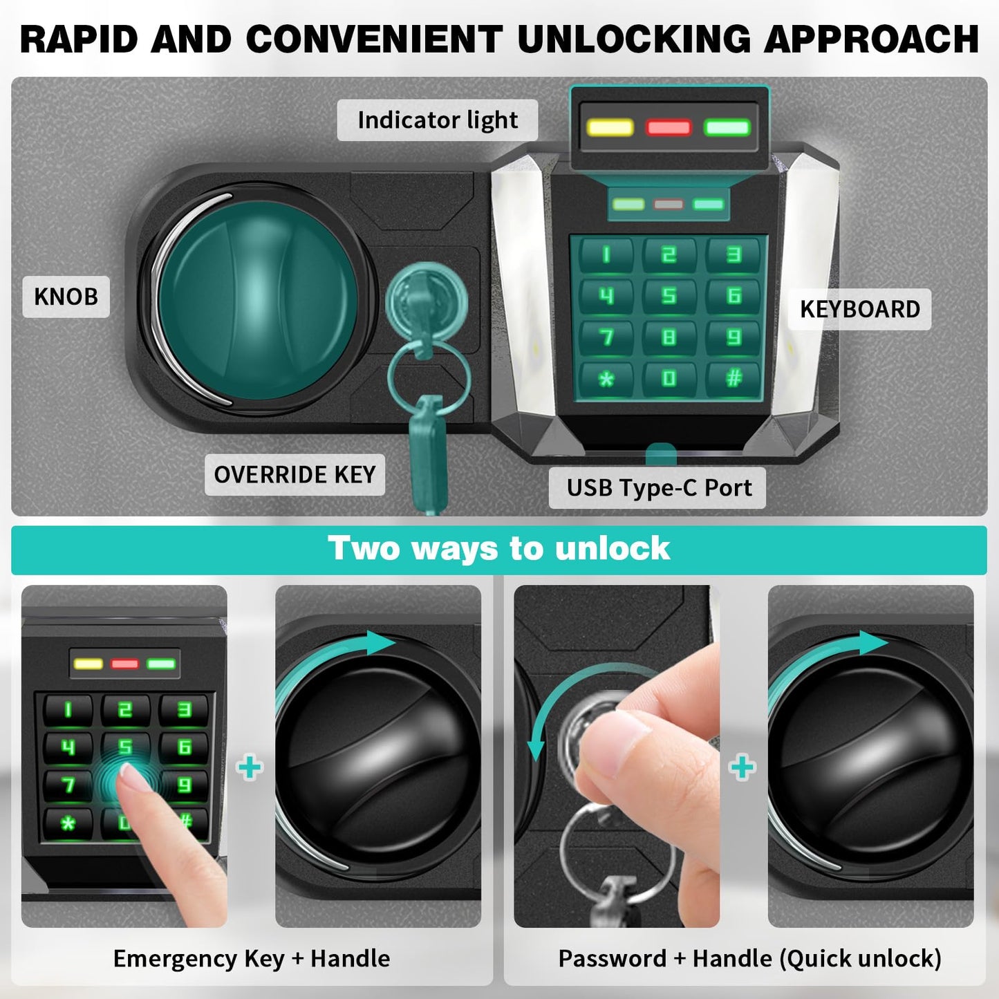 1.2 Cu Ft Safe Box with Fireproof Waterproof, Digital Home Security Safe with External Type-C Interface, Mute Function & Removable Shelf, Keypad & Spare Keys, Personal Security Document Lock for Cash
