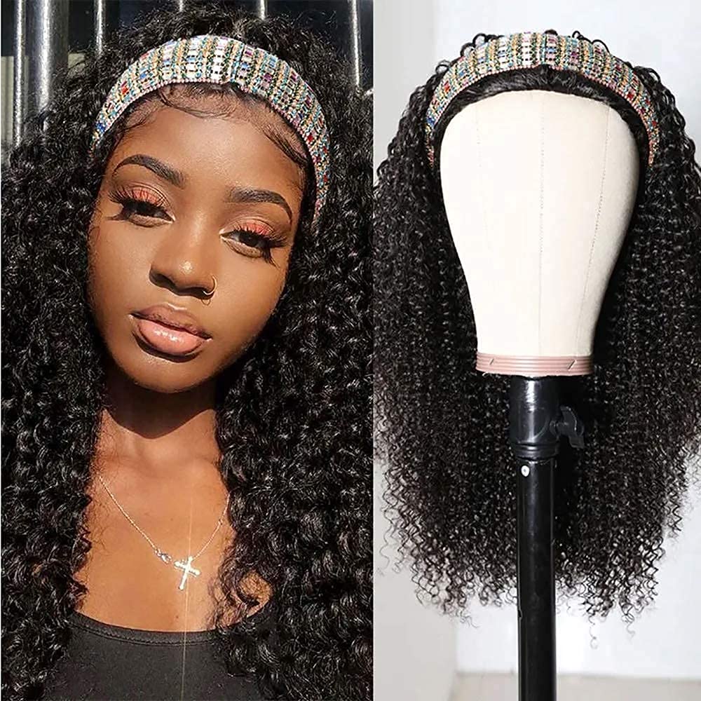 Nadula Hair Afro Kinky Curly Half Wigs Human Hair for African American Women, 100% Virgin Human Hair Headband Curly 3/4 Half Wigs Glueless Wear and Go Beginner and Friendly 180% Density 16 Inch