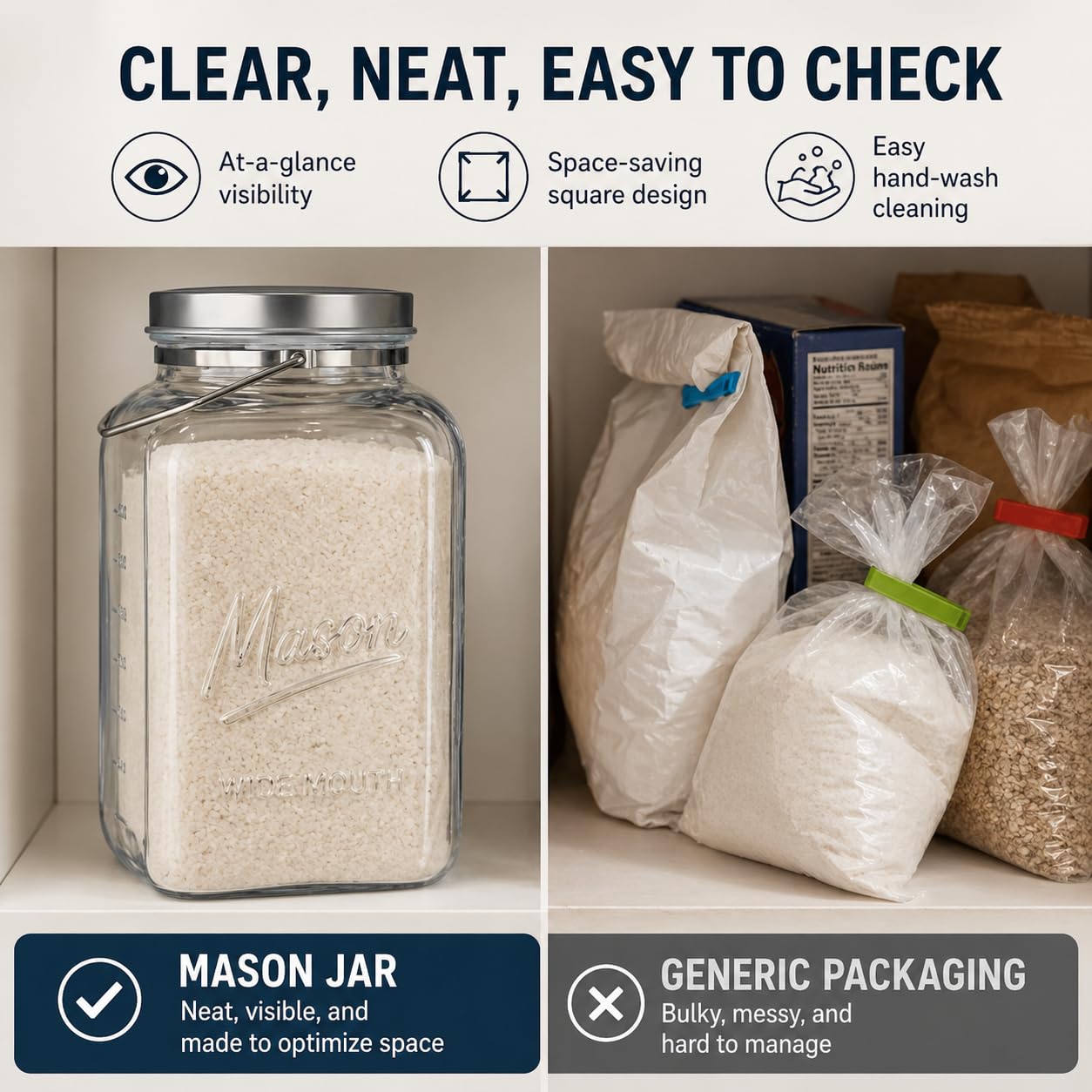 kitchentoolz Large 2 Gallon Glass Mason Jar with Big Airtight Metal Lid and Carry Handle – Wide Mouth Square Container with Measurements for Dry Goods, Bulk Storage, and Food Prep