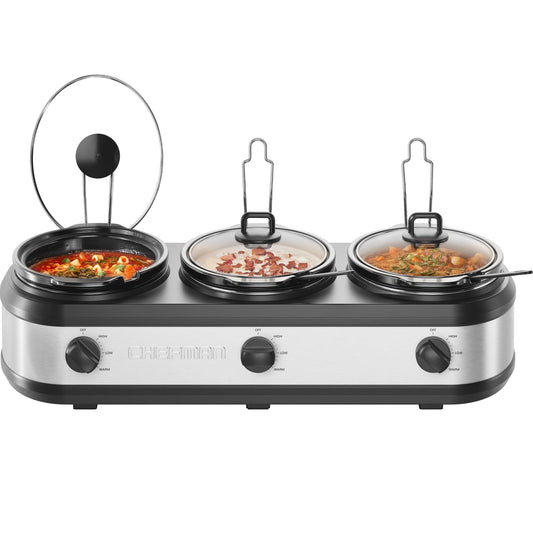 Chefman Triple Slow Cooker & Food Warmer, Three Crock Slowcooker with 2.5 Qt. Ceramic Crocks, 7.5-Quart Total Capacity, PFAS-Free, Three Temperature Settings, Dishwasher-Safe Parts – Stainless Steel