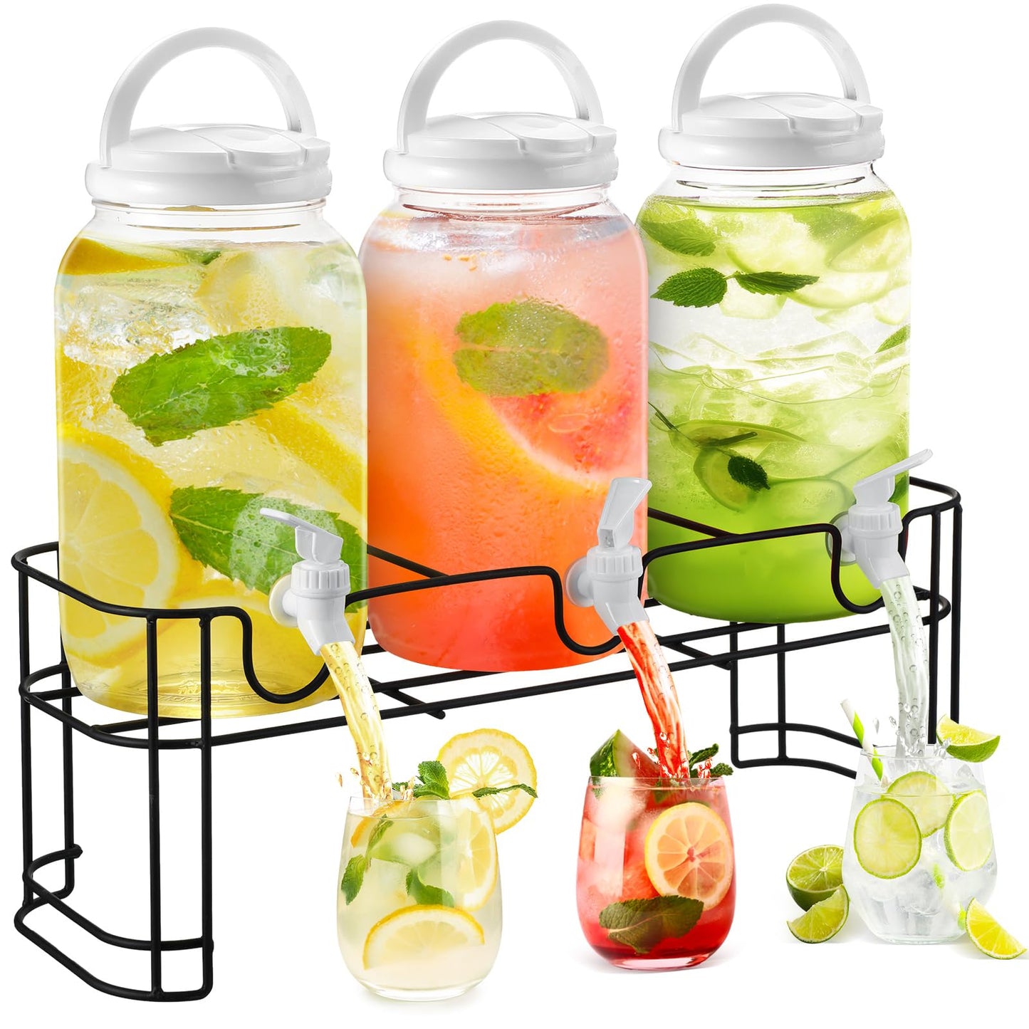 Tanlade Plastic Drink Dispenser with Stand Beverage Dispenser with Sturdy Metal Base Juice Dispensers for Parties Lemonade Jar Spigot for Weddings Countertop, Each 1 Gallon(White)