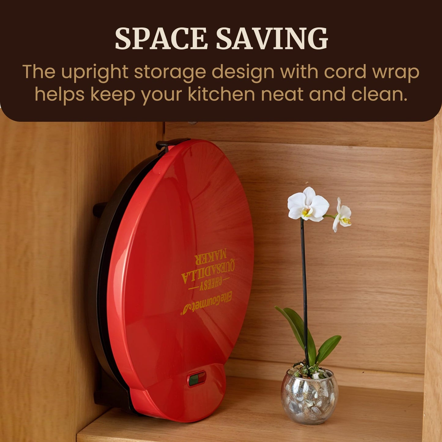 Elite Gourmet 10.65" Cheesy Quesadilla Maker, 2-Position Locking Latch For Extra Stuffing, Easy-Slice 6-Wedge, Red