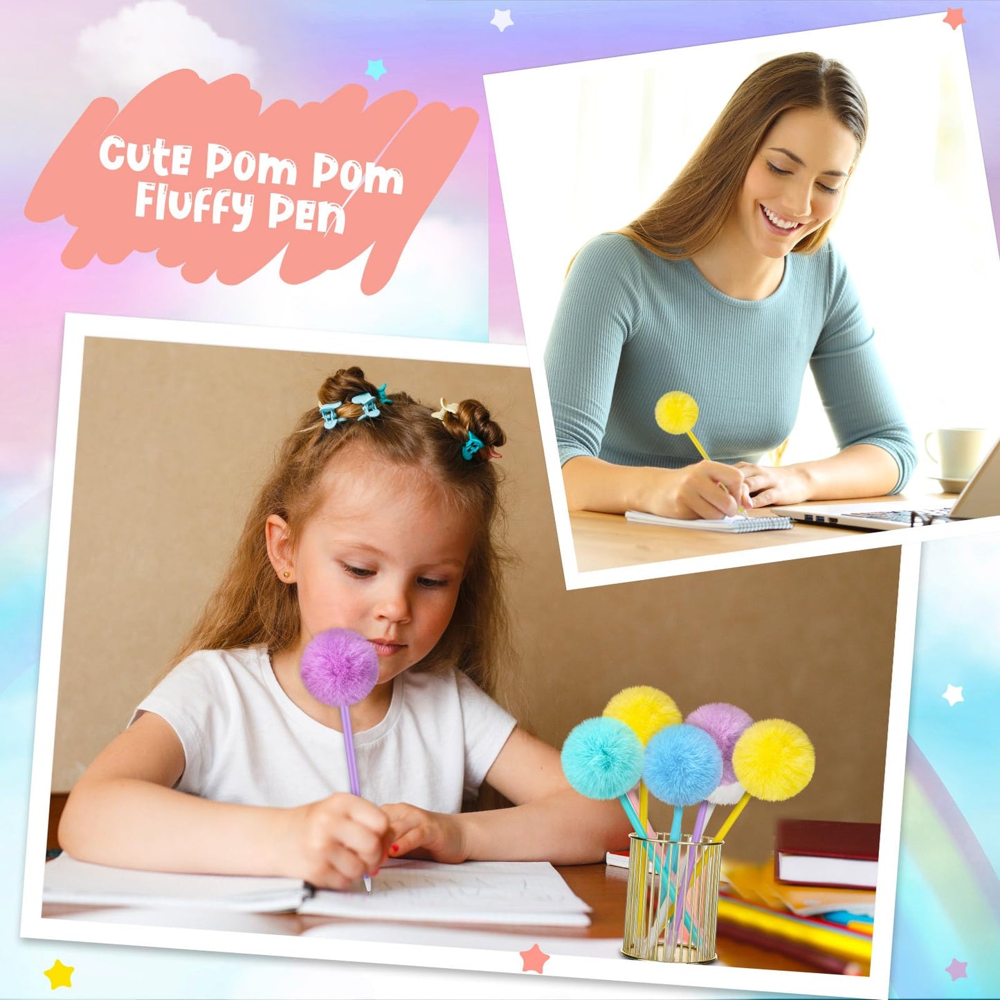 Epakh 84 Pcs Pompom Ballpoint Pen Fluffy Ball Cute Kawaii Plush Fuzzy Pen Black Gel Ink Macaron Color Ballpoint Pompom Gift for Office Women Coworkers, 6 Colors