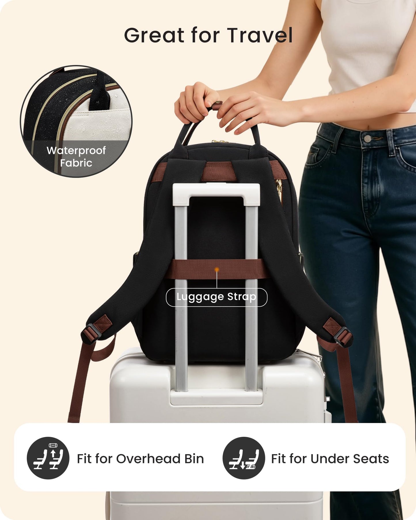 LOVEVOOK Laptop Backpack for Women with Giant Tumbler Holder Pocket, 17 inch Large Travel Work Backpack Purse for Teacher Nurse, Waterproof College Book Bag Cute Casual Daypack, Beige-Black-Brown