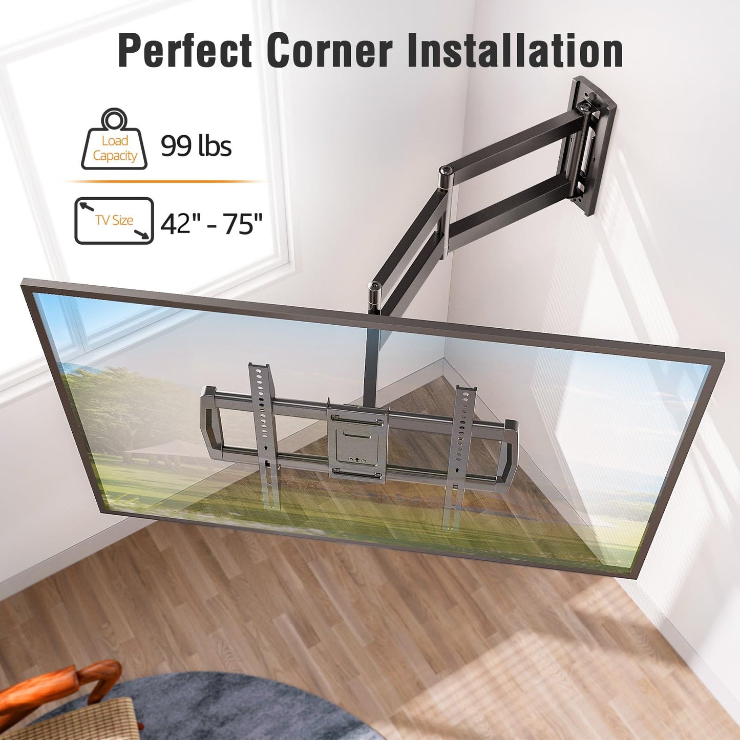 ELIVED Long Arm TV Wall Mount for Most 42-75 Inch TVs, 37.9 Inch Long Extension Corner TV Mount, Full Motion Wall Mount tv Bracket Swivel and Tilt, Holds up to 99 lbs. Max VESA 600x400mm