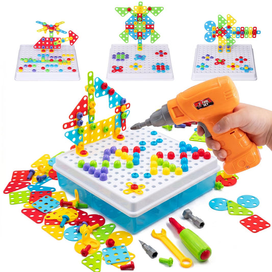 Creative Building Toys Mosaic Drill Set, Power Tools for Kids with Screwdriver Toy, Workshop Games for 3 4 5 6 7 8 Years Boy and Girl, Educational Toy