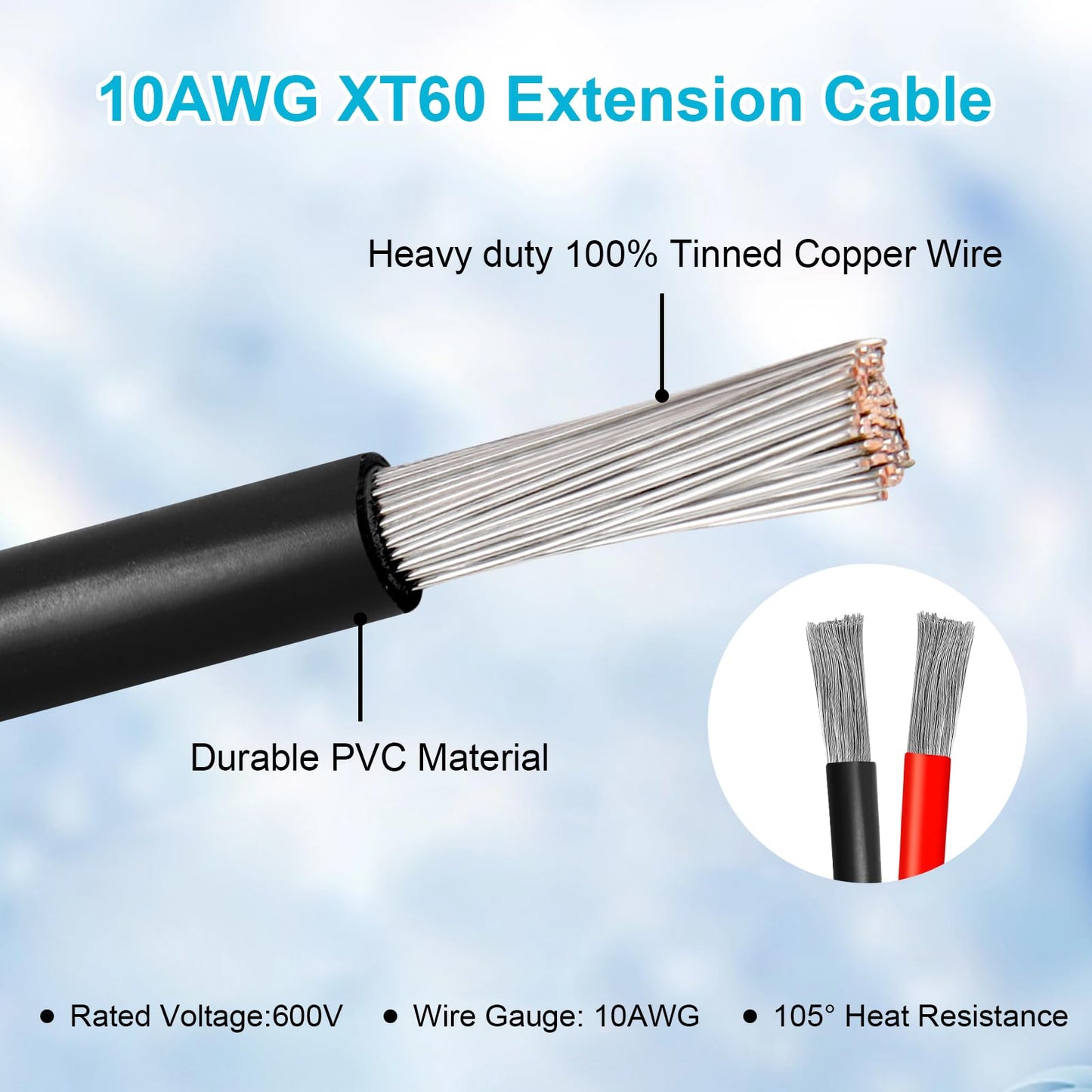 10AWG 50FT XT60 Extension Cable 2 3 5 10 15 20 25 30 35 40 50 75 100FT XT60 Female to Male Connector for Portable Power Station Solar Panel RC Battery
