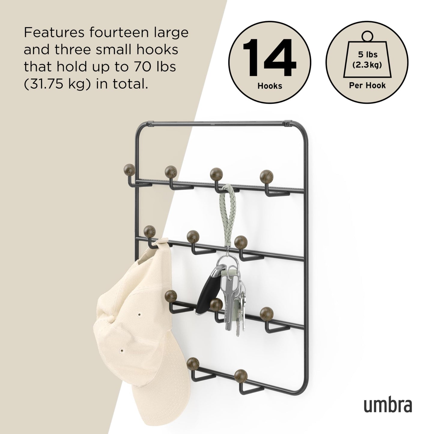 Umbra Estique Over The Door Coat Rack & Multi-Use Organizer, for Coats, Bags, Hats & More, Black/Walnut