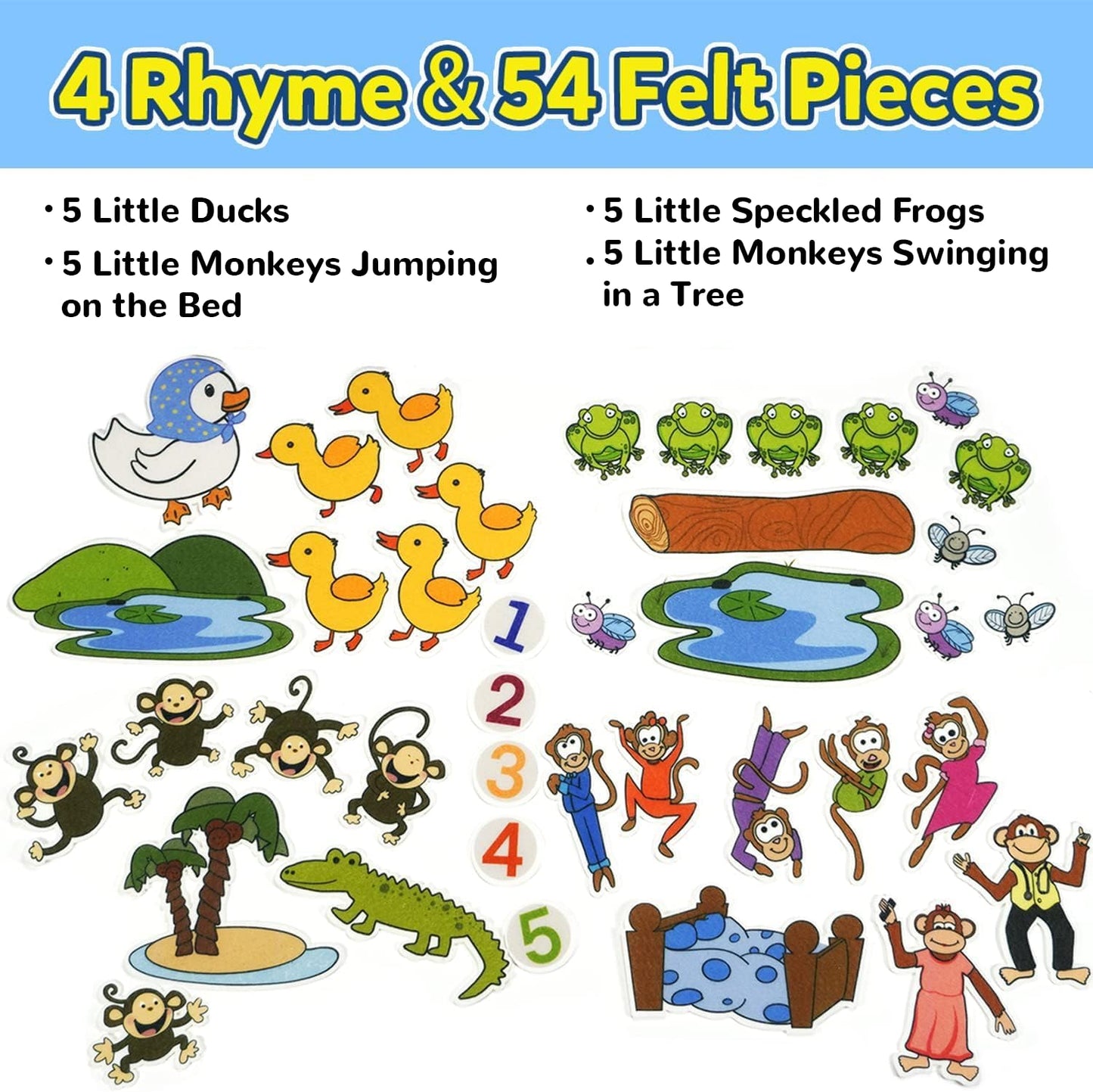 CHEFAN Felt-Board for Toddler, Flannel Board Stories for Preschool Activities, 4 Sets Felt Storytelling Board, Five Little Monkeys, Five Speckled Frogs, Felt Pieces