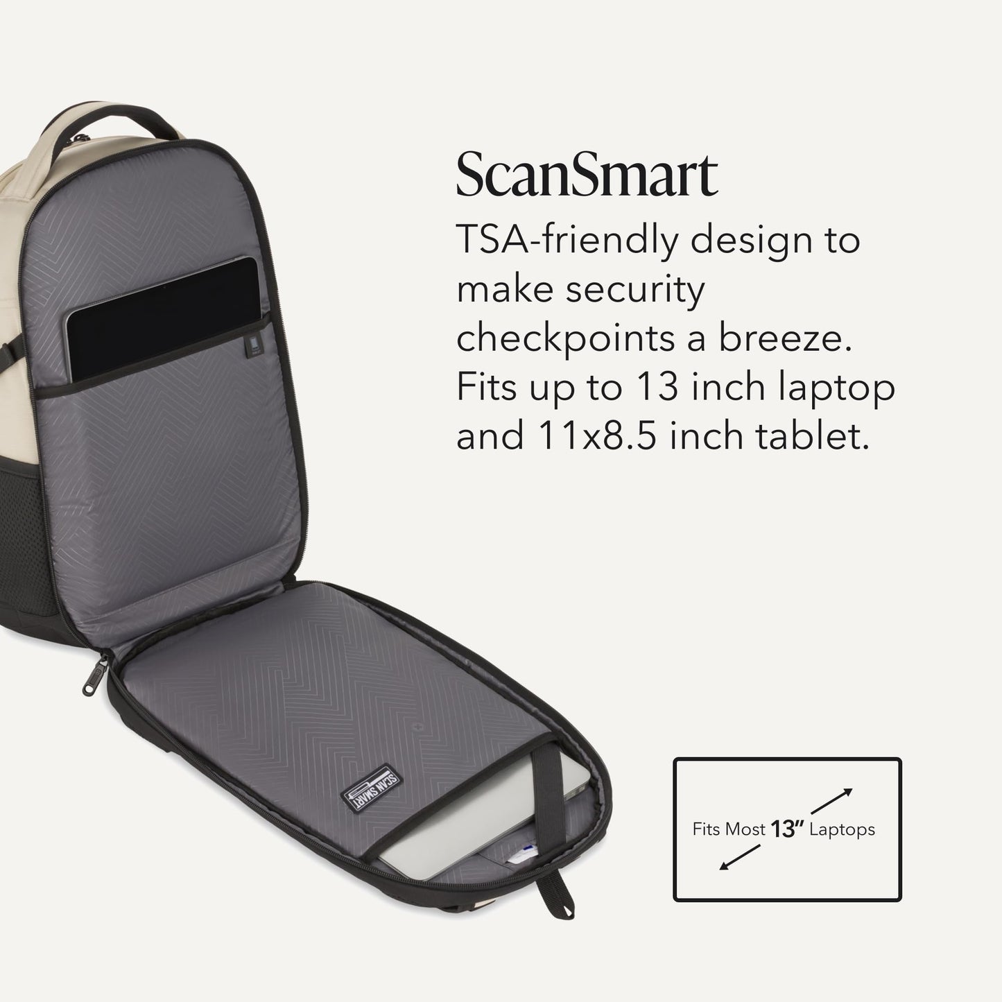 SwissGear 1900 Mini ScanSmart 16-Inch Backpack, Fits Up to 13-Inch Laptop, RFID Protection & ScanSmart TSA-Friendly Compartment, Oatmeal