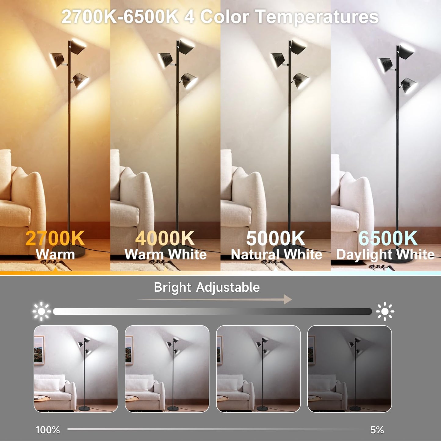 Pesken 42W LED Tree Floor Lamp, 4500 Lumens Dimmable Standing Lamp with Remote & Touch Control, Modern Super Bright 3 Rotatable LED Light Floor Lamps for Living Room, Bedroom, Office