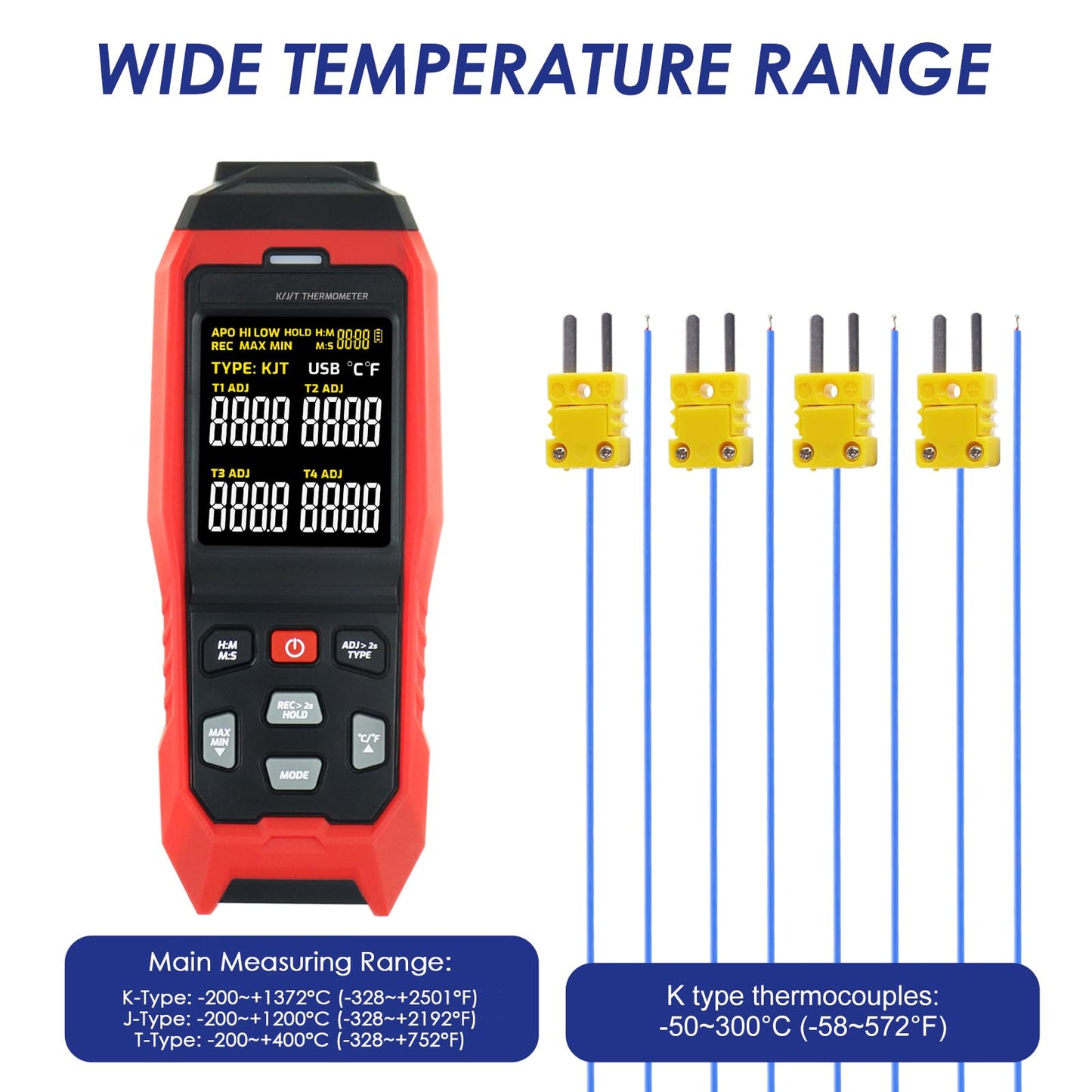 4-Channel Thermocouple Thermometer DataLogger, Digital K/J/T Type Thermometer with 5000 Groups Programmable Temperature Data Logging in Range of -328~2501℉, 4 K-Type thermocouples, ADJ Compensation