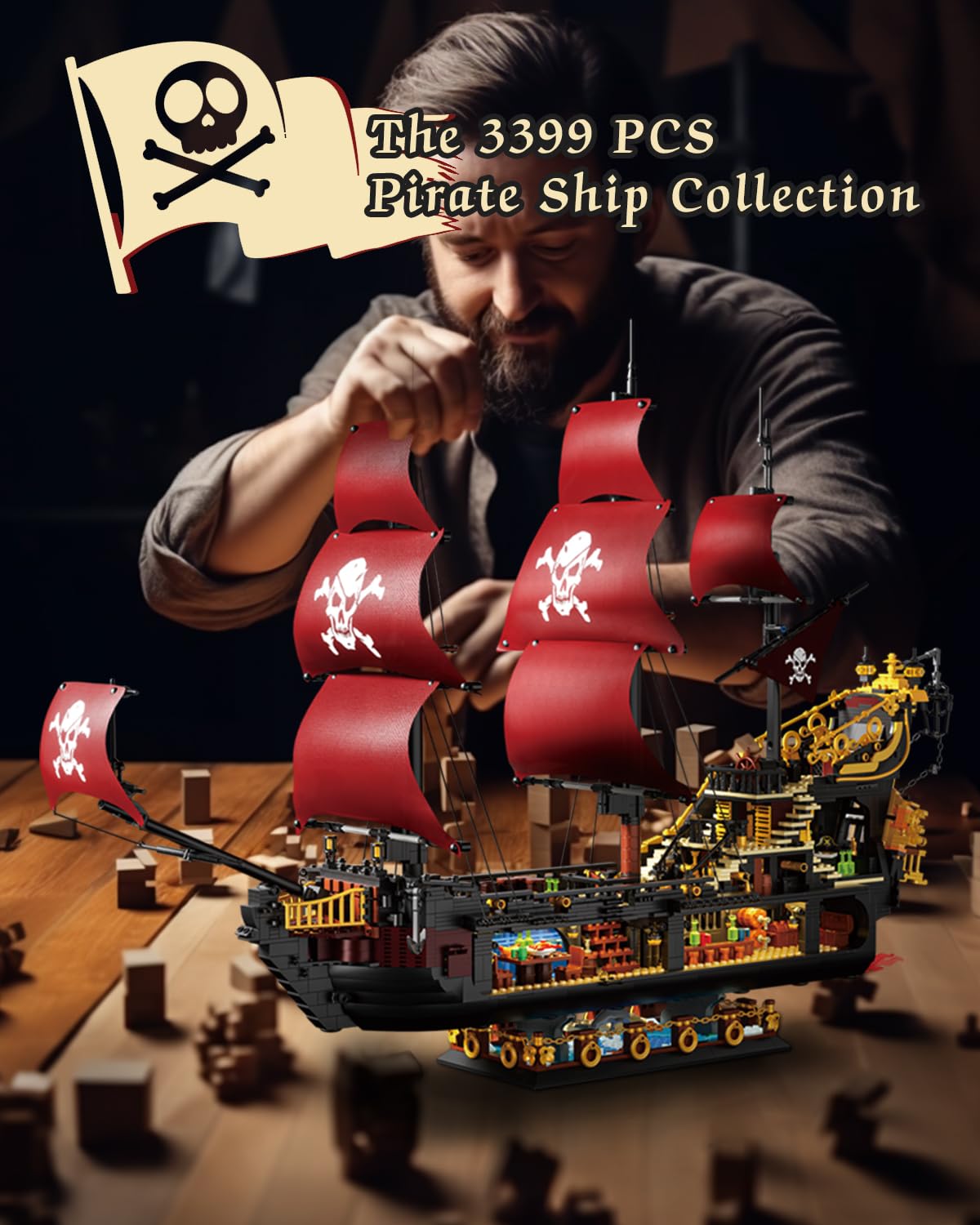 Adult Pirate Ship Building Kit, Queen Anne's Revenge Pirate Ship Mini Building Block Sets for Adults, Construction Toys Gift for Teens & Men, Not Compatible with Lego Pirate Ship, 3399 PCS