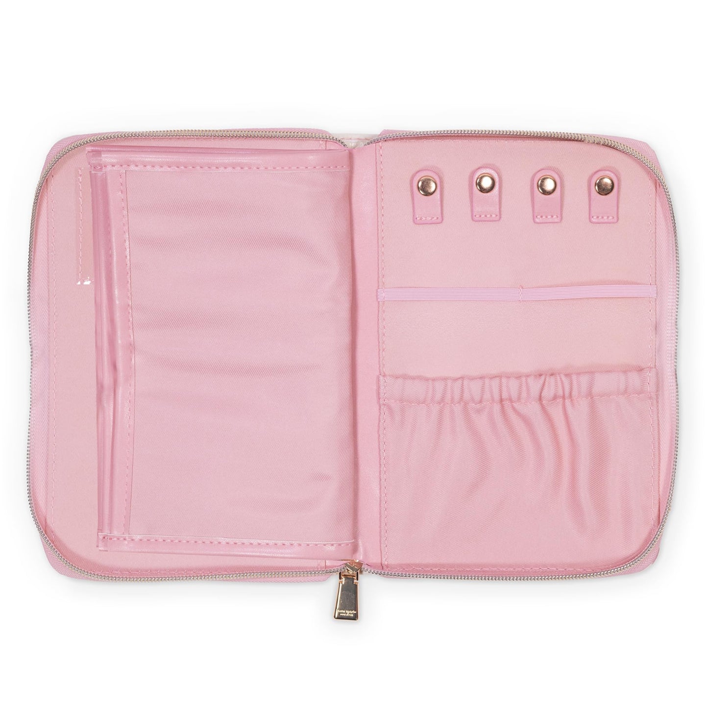 kate spade new york Travel Jewelry Folio, 8.5" x 6" Organizer with 8 Zippered Pockets, Necklace Tabs & Tracker Pocket, Leatherette Case with “For Safe Keeping” Quote (Goddess Stripe)