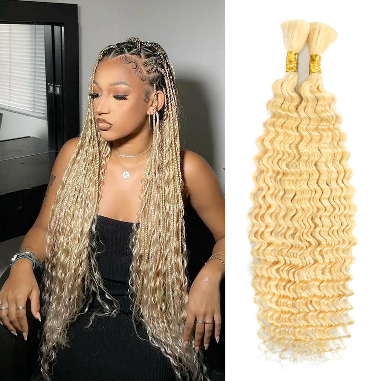 Blonde Braiding Hair 100g 18 Inch Deep Curly Wave 2 Bundles Bulk Human Hair for Braiding Brazilian Virgin Deep Braiding Hair for Boho Braids Wet and Wavy Color 613 Blonde Braiding Human Hair