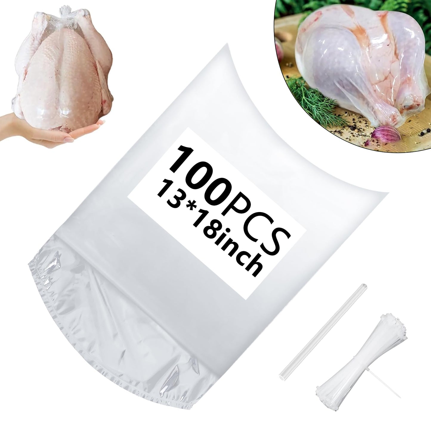 Poultry Shrink Bags(13x18'' - Bulk 100 Pack) BPA Free and Freezer Safe, Heavy Duty Heat Resistant Brining Bags for Turkey, Chicken, Rabbit,Includes 100 Zip Ties + Silicone Straw