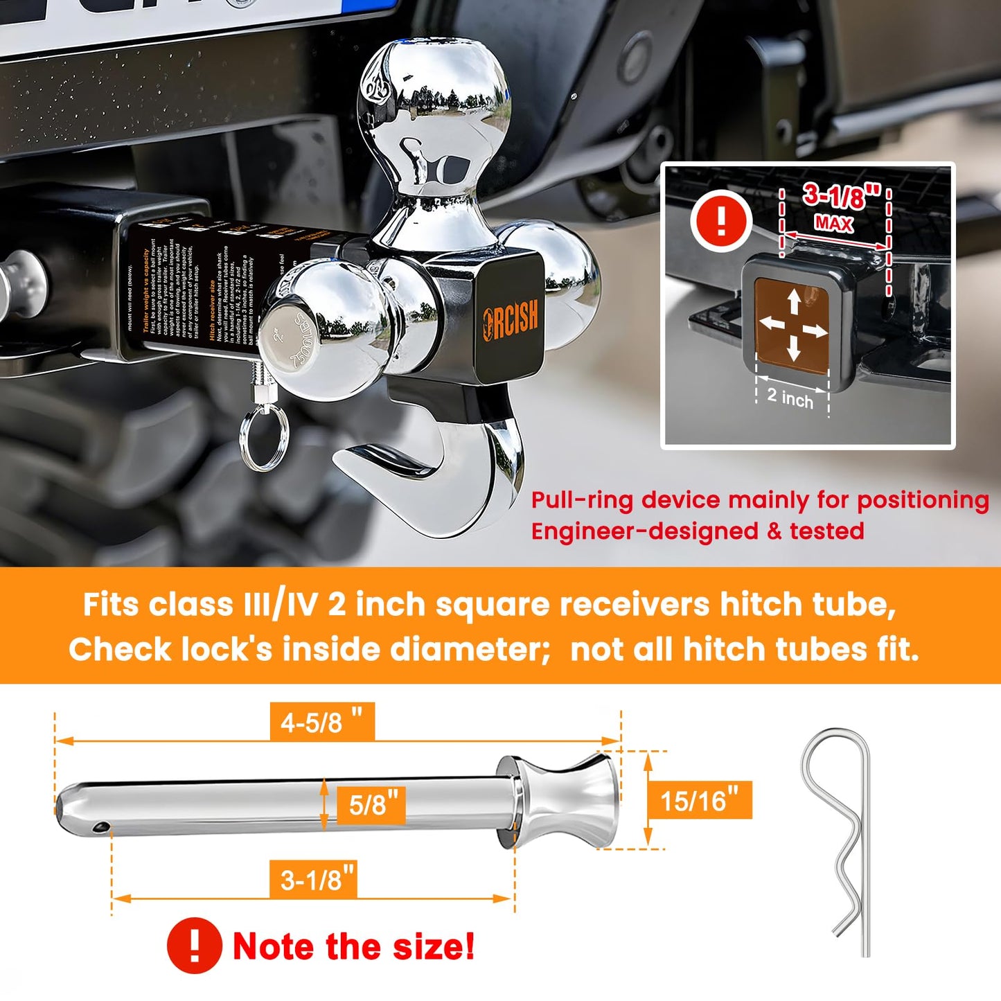 ORCISH 360° Swivel Trailer Hitch, Tri-Ball Mount with Pin & Heavy Duty Hook, Chrome-Plated Trailer Ball Size 1-7/8", 2" and 2-5/16", Fit 2 Inch Hitch Receiver, Rotating Ball Hitch, Towing Hitch