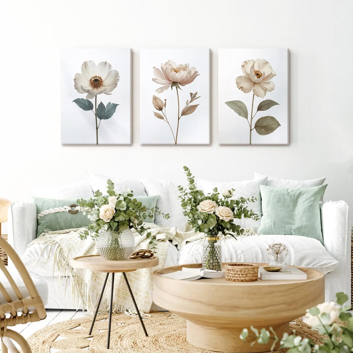 AUUAUU Elegant Neutral Floral Wall Art Set of 3 Framed Boho Botanical Aesthetic Canvas Prints Peony Anemone Flower Art Posters 16x24 Inch Minimalist Wall Decor for Home Kitchen Living Room Bedroom