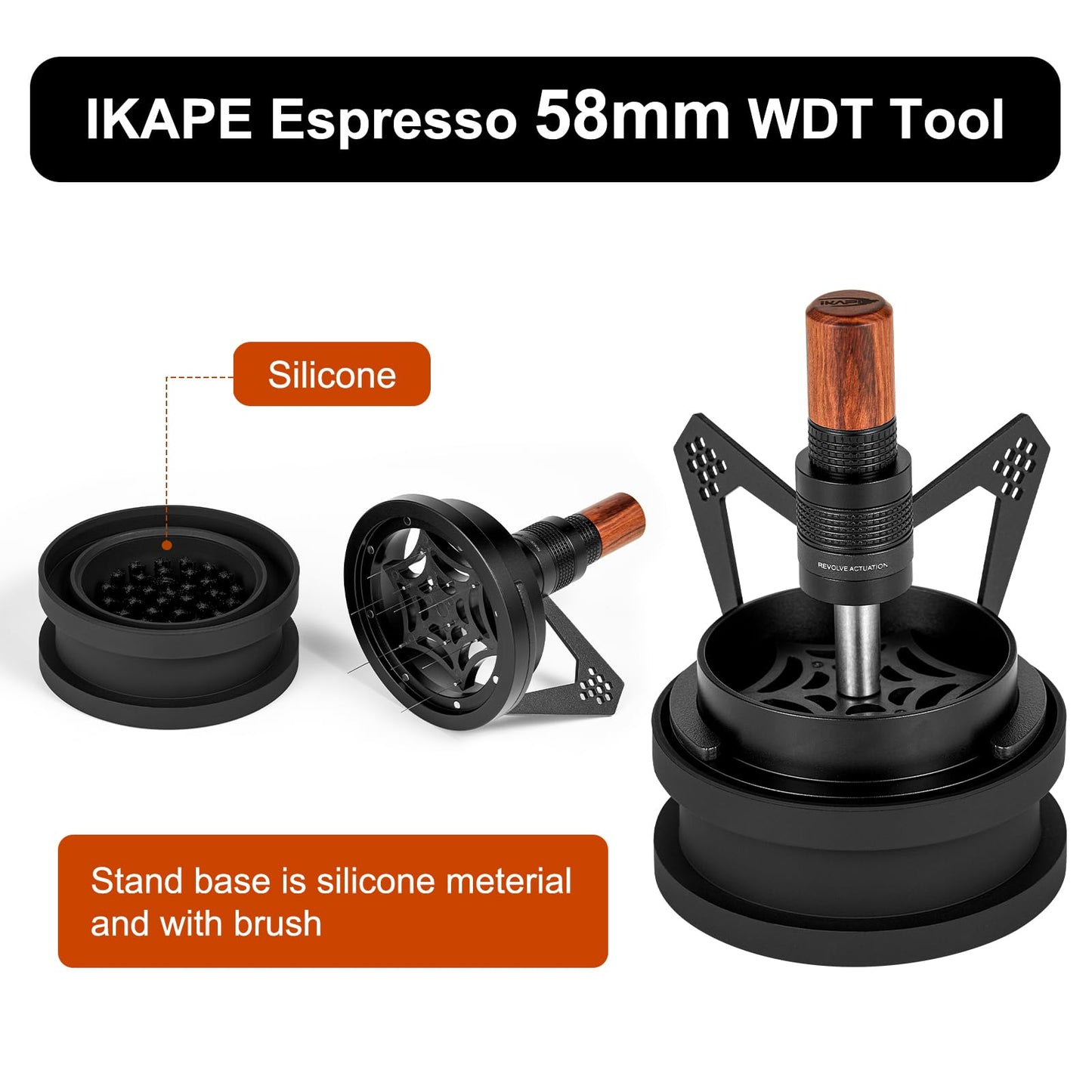 IKAPE Mantis WDT Distribution Tool with Clean Brush, 58.5mm Espresso Stirrer Distribution Tool for Barista, 10 Needle Espresso Stirrer with Dosing Funnel&Stand, Adjustable Needle Height, Walnut Handle