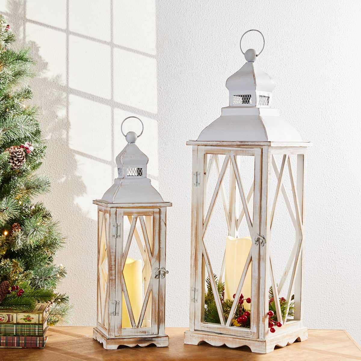 Glitzhome Large Farmhouse Wooden Metal Lantern Set of 2, 28.74" H/20.47" H Rustic Decorative Floor Candle Lanterns, Distressed Hanging Lanterns for Home Décor White (No Glass)