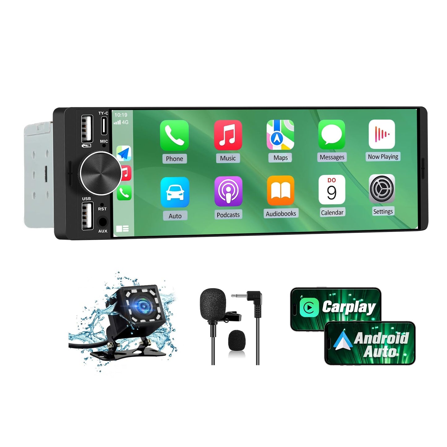 Pyniro 6.36" Single Din Car Stereo with Wireless CarPlay & Android Auto, IPS Touchscreen Head Unit with Backup Camera/External Microphone, Car Radio Supports Bluetooth/SWC/FM/Double USB/Type-C